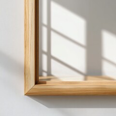 Close-up of an empty wood picture frame with shadow detail on a blank white wall