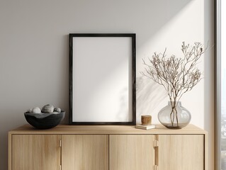 A blank framed artwork rests atop a wooden cabinet beside a vase and a bowl, light shines