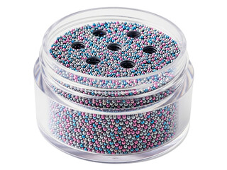 Clear jar of colorful microbeads for nail art and decoration on a transparent background