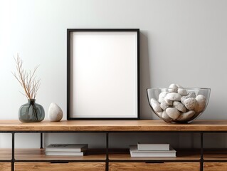 Interior shot with empty framed art, decorative objects, and a rustic wooden console table