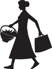 Woman carrying basket and shopping bag silhouette