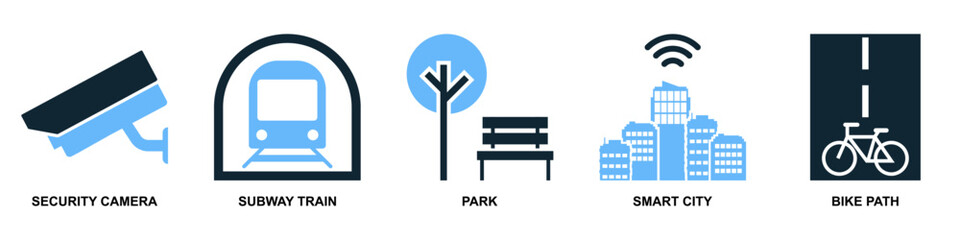 Set smart city icon vector. A collection for urban tech, digital services, and intelligent infrastructure. Perfect for UI, UX design related to modern city management.