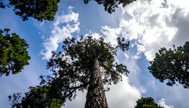A low-angle shot of a tall tree amidst the bright, cloudy sky