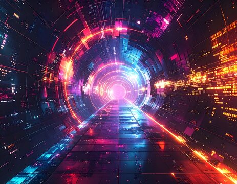 A luminous tunnel design with digital patterns and vibrant neon lights