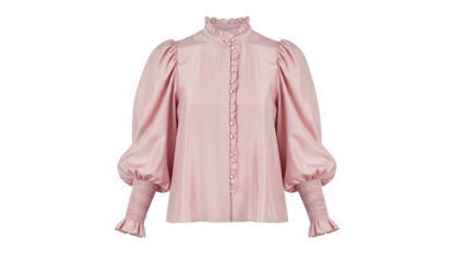 Elegant pink satin blouse features voluminous puff sleeves and delicate front ruffles