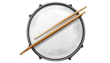  pair of drumsticks resting on a snare drum, detailed texture, isolated on transparent background, PNG format.