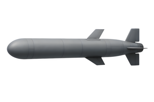 Side View — Modern Tomahawk Missile with Folded Wings (Matte Gray, Photorealistic) Isolated on Transparent Background