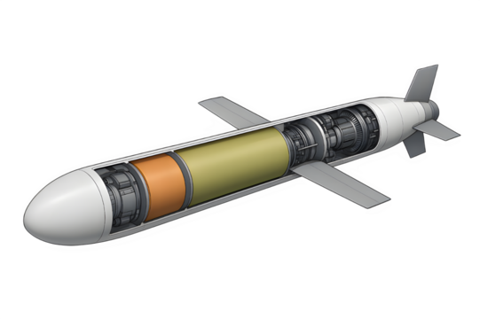 Tomahawk Missile Cutaway 3D Render — Detailed Internal Components Isolated on Transparent Background
