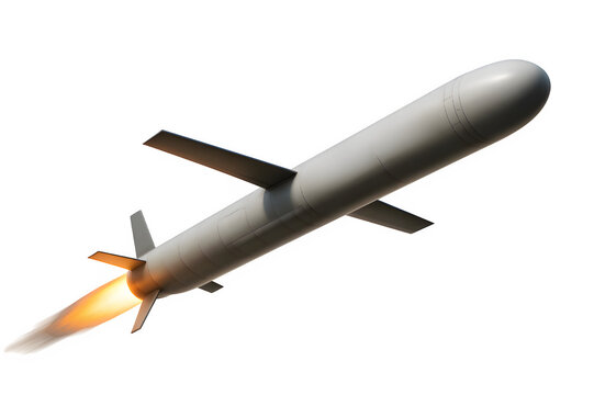 Tomahawk Missile Mid-Flight 3D Render &mdash; Flame Exhaust & Vapor Trail Isolated on Transparent Background