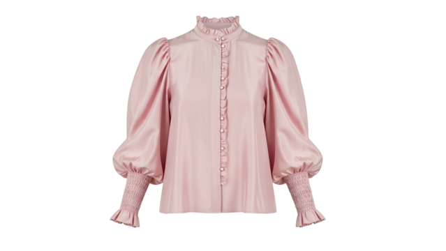 Elegant pink satin blouse features voluminous puff sleeves and delicate front ruffles