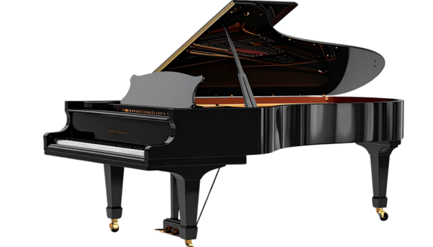 Realistic grand piano with glossy black finish and open lid, isolated on transparent background, PNG format