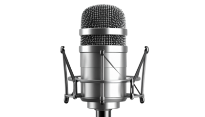  microphone with metallic finish and mesh top, isolated on transparent background, PNG format