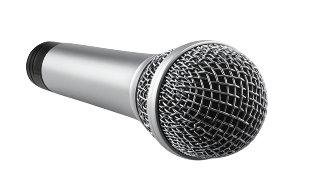 Realistic microphone with metallic finish and mesh top, isolated on transparent background, PNG format