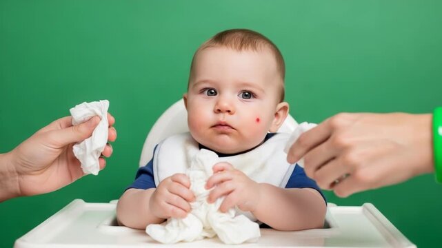 Baby with a bib sitting in a high chair being cleaned after eating