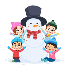 Happy Kids with Snowman in Winter Season