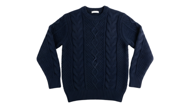 Dark blue woolen knit garment featuring traditional cable patterns displayed isolated against a black background