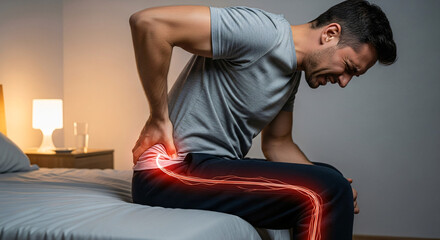 Young Man Sitting on Bed in Distress from Sharp Sciatica or Lower Back Nerve Pain