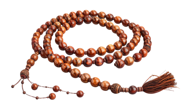  tasbih (prayer beads) with detailed beads and string, elegant and traditional design, isolated on transparent background, PNG format.