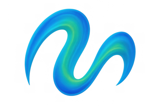 Abstract blue and green gradient liquid wave squiggle shape flowing dynamic vibrant color on transparent background