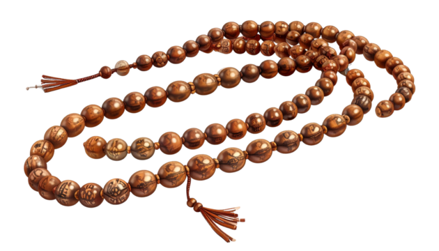 Realistic tasbeeh (prayer beads) with detailed beads and string, elegant and traditional design, isolated on transparent background, PNG format