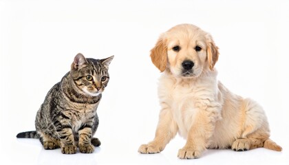 Fototapeta premium Cat and Puppy Sitting Side by Side on White