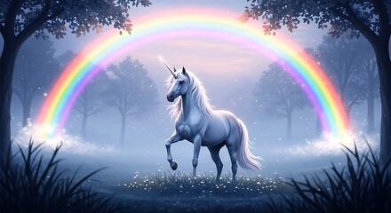 Unicorn standing under glowing rainbow in forest