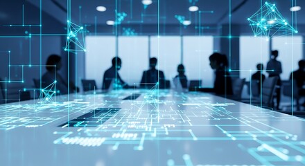 Blurred silhouettes of business people in a meeting room with digital network overlay