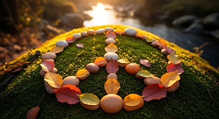 Peace sign made of flower petals on green moss