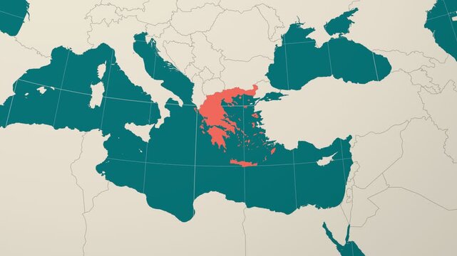 Greece map. Animated zoom into the country on the Globe in Teal Pale Mint color palette. Country logo animation. Map with meridians, parallels. Stylish video.