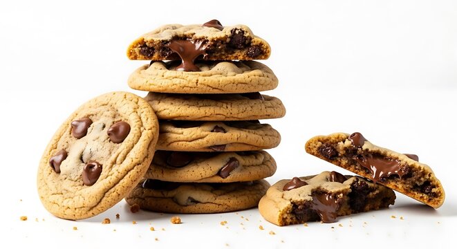 Stack of chocolate chip cookies homemade baked treat with melted chocolate isolated on white backgro