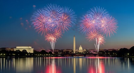 Colorful fireworks above city skyline at night
