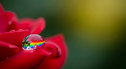 Macro shot of rose petal with rainbow reflection