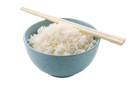 fluffy cooked rice in light blue speckled bowl with a pair of wooden chopsticks, isolated on white or transparent background. PNG - Powered by Adobe