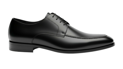 Highly polished black leather dress shoe is presented in a profile view against a dark background
