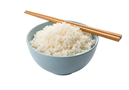 fluffy cooked rice in light blue speckled bowl with a pair of wooden chopsticks, isolated on white or transparent background. PNG - Powered by Adobe