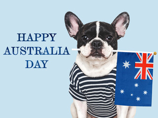 Happy Australia Day. Cute puppy and Australian Flag. Closeup, indoors. Studio shot. Congratulations for family, loved ones, relatives, friends and colleagues. Pet care concept