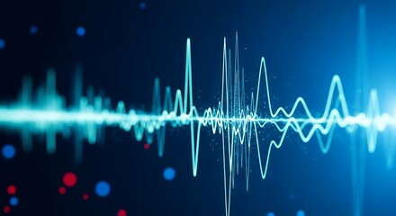 Abstract blue sound wave visualization with glowing particles and bokeh effect