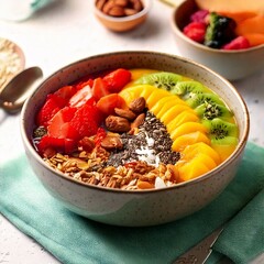 Closeup of a healthy vegetarian breakfast dish: a bowl of muesli with colorful berries and fruit