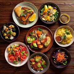 Traditional Russian salad and Thai food served on plates with vegetables and seafood on a dining table