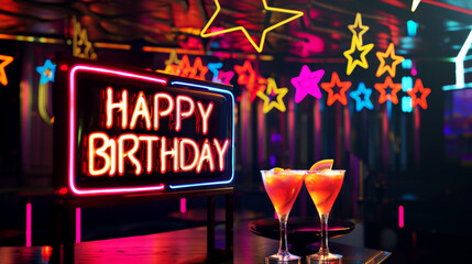 Happy Birthday neon sign with cocktails and colorful lights