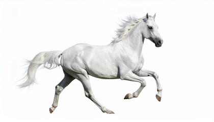 White Arabian Horse Galloping Isolated on White