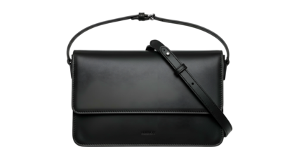 Sleek black leather rectangular shoulder bag displayed against a solid dark background