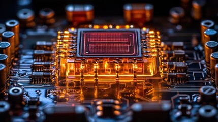 Close-up of illuminated processor chip on circuit board.  Possible use  Technology, electronics, engineering stock photography