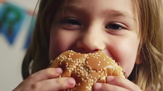 Child enjoying burger.
