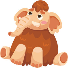 Cute cartoon baby mammoth with brown fur and tusks sitting peacefully on transparent background playful prehistoric mammal illustration