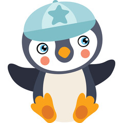 Cute cartoon baby penguin wearing a light blue cap with a star sitting happily with its wings open on a transparent background