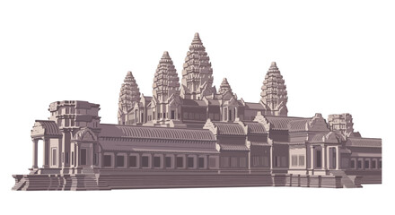Detailed architectural model of the ancient Angkor Wat temple in Cambodia, isolated on a white background.