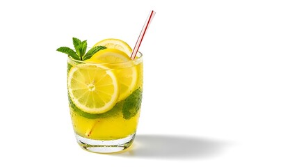 Fototapeta premium Refreshing lemonade with lemon slices and mint a cool summer drink isolated on white background