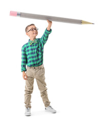 Cute little schoolboy with large pencil on white background