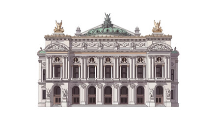 Detailed illustration of the grand and ornate Palais Garnier opera house in Paris, featuring classical architecture, a prominent dome, and intricate facade details.